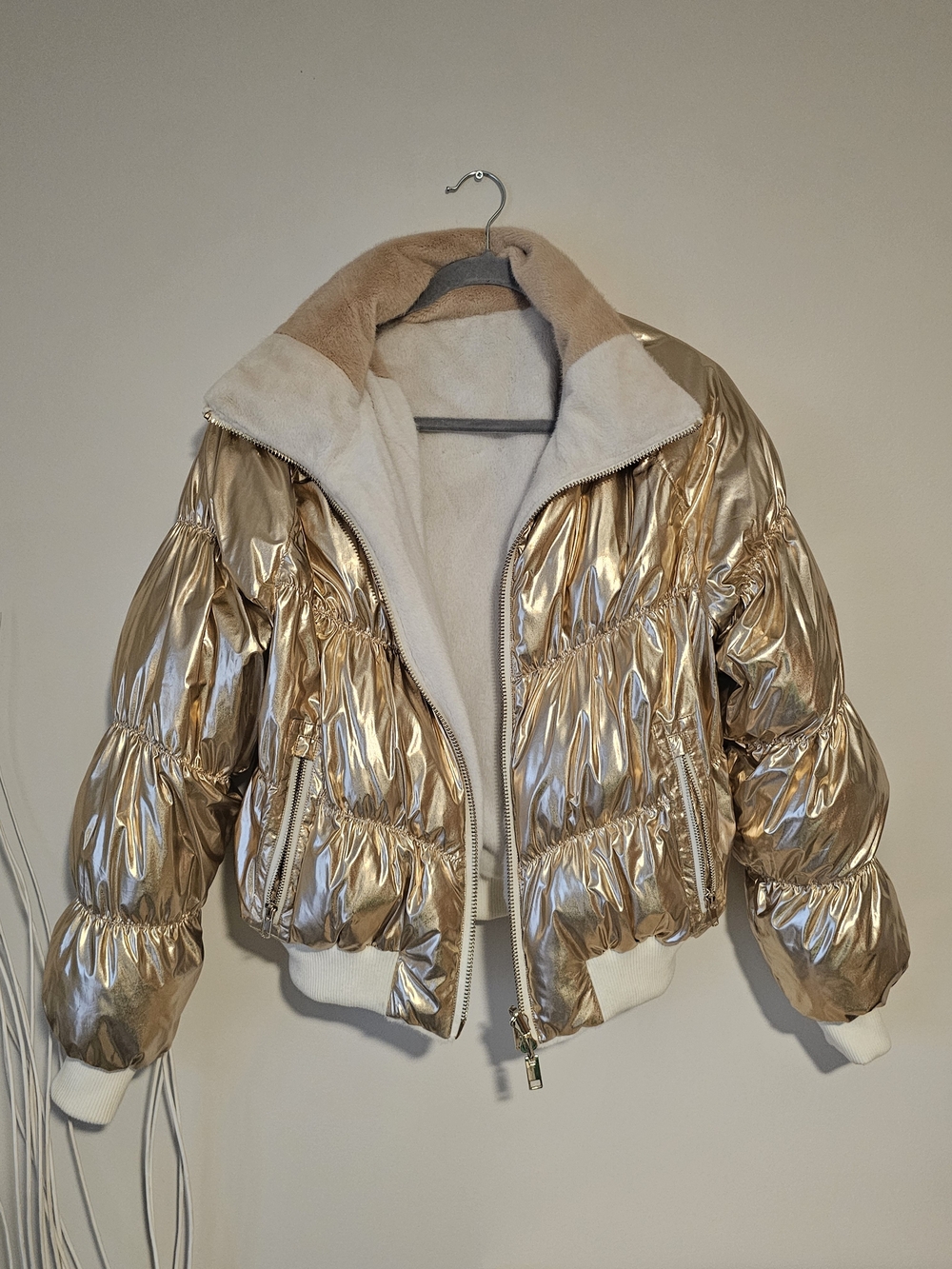 Ramy Brook Stenmark Reversible Rose Gold Metallic Puffer Jacket S